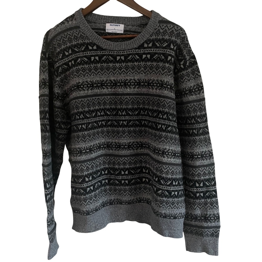 Old Navy Mens Grey Fair Isle Crew Sweater XL Nordic Winter Knit Preppy Classic